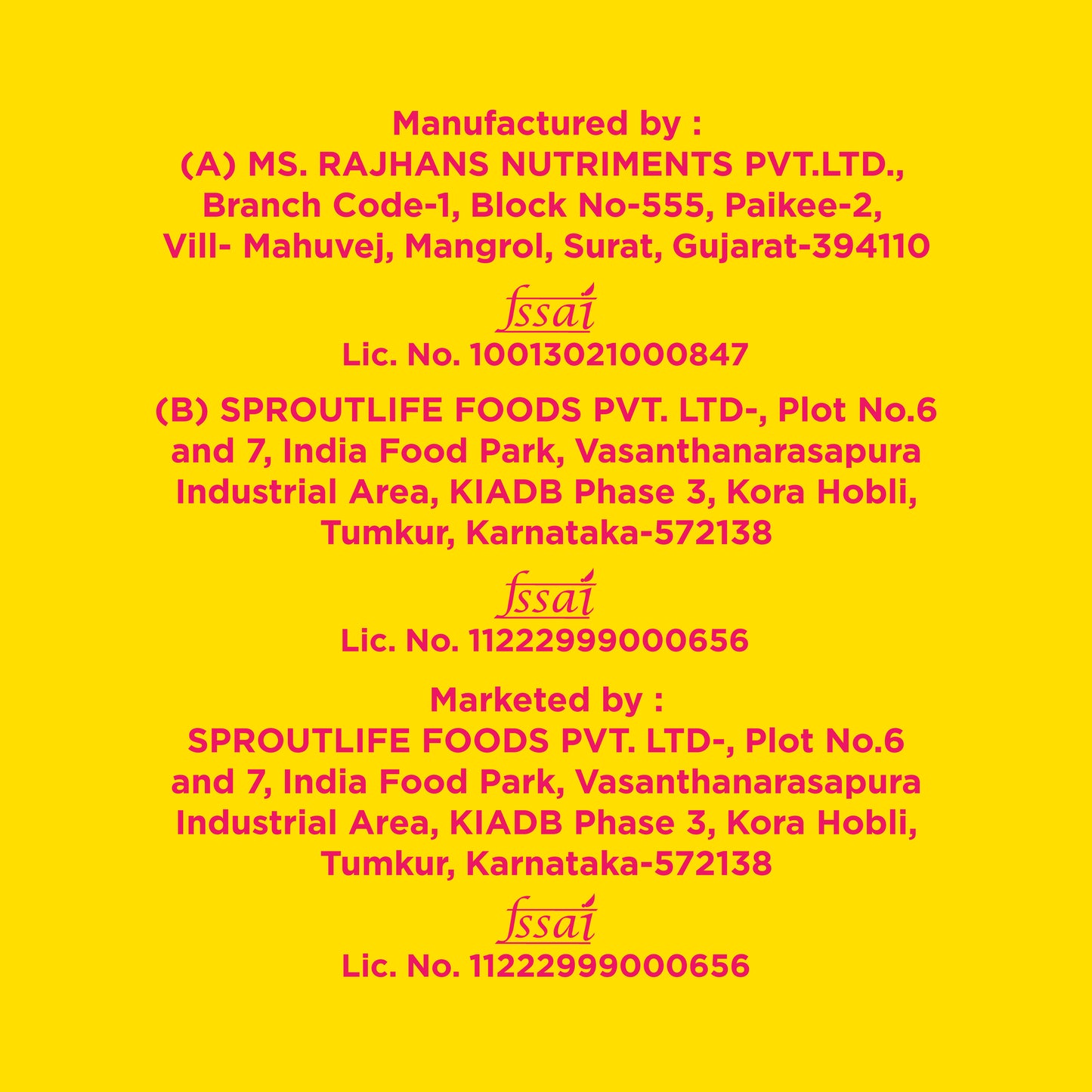 Yoga Bar manufacturing details for Sproutlife Foods and Rajhans Nutriments with FSSAI license numbers on yellow backdrop.