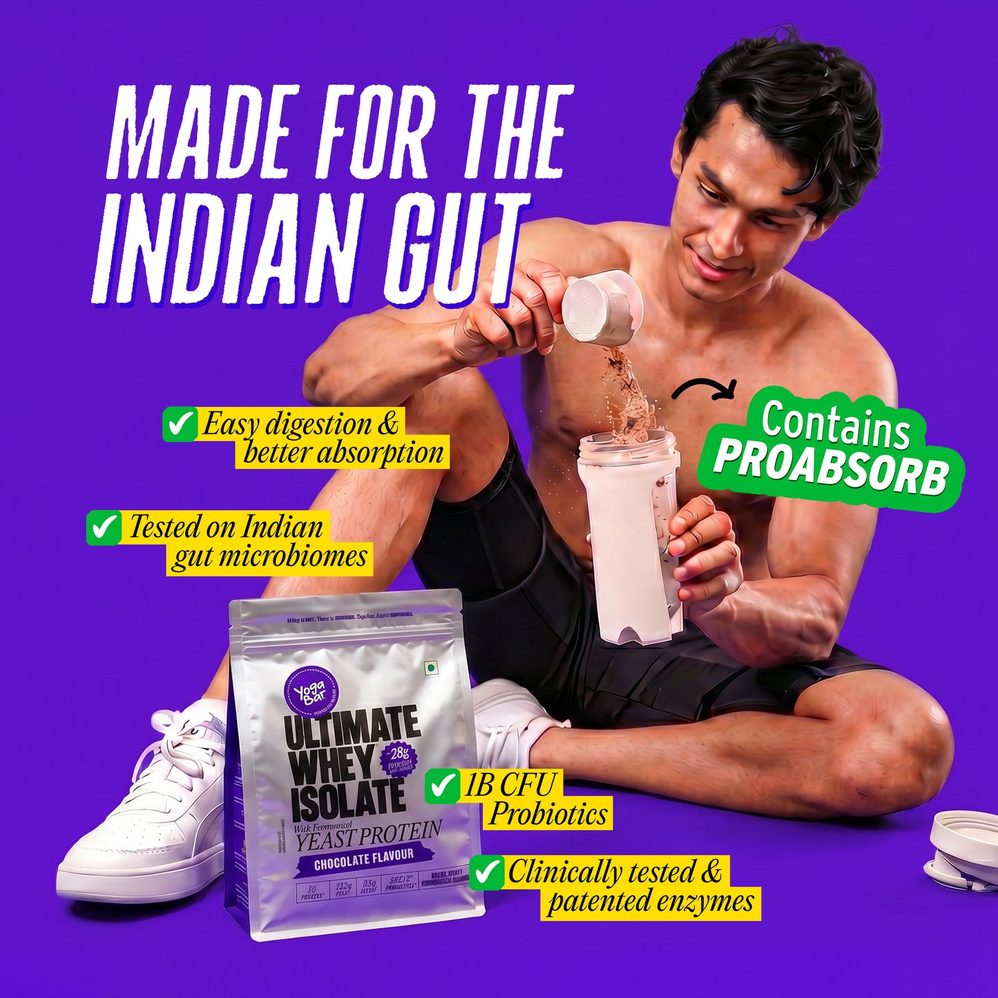 Ultimate Whey Isolate Fermented Yeast Protein Chocolate made for the Indian gut - easy digestion, ProAbsorb, 1B CFU probiotics