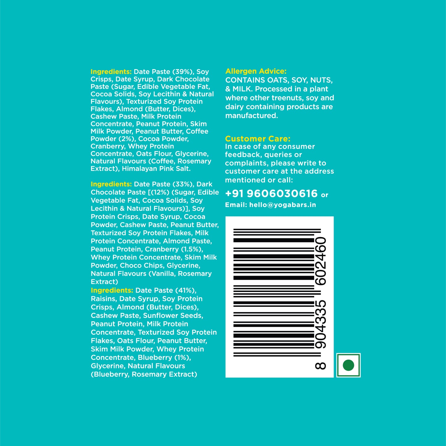 Yoga Bar 10g Protein Bar Variety Pack ingredients list, allergen advice, and barcode for all three flavors