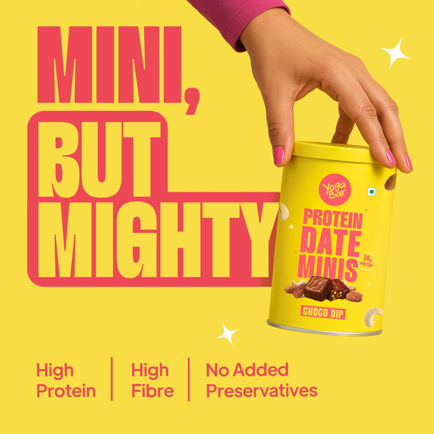 Promo banner for Yoga Bar chocolate covered date minis highlighting high protein, high fibre, and no added preservatives callouts