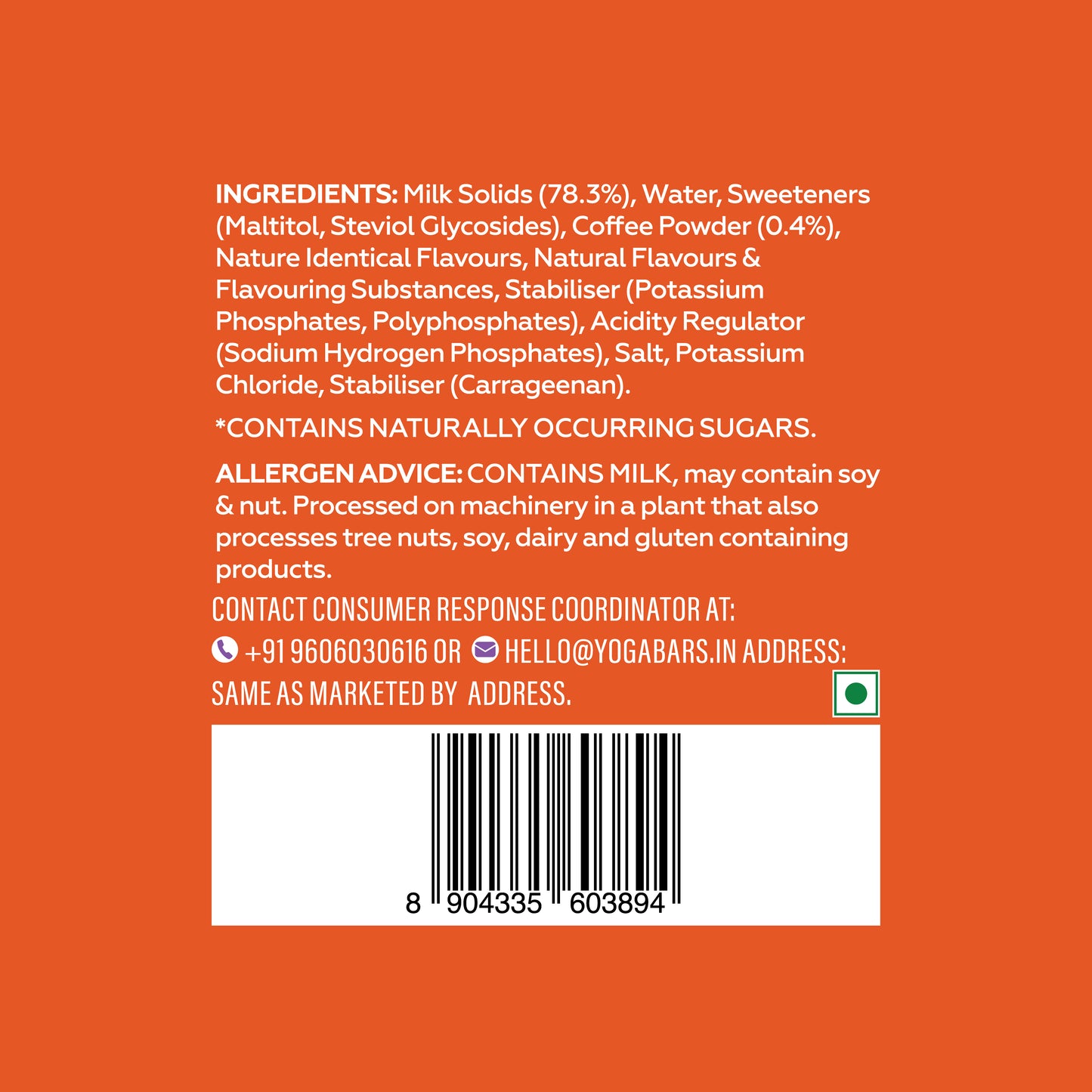 Close-up label of Yoga Bar Cold Coffee Shake showing milk solids ingredients and allergen warnings.