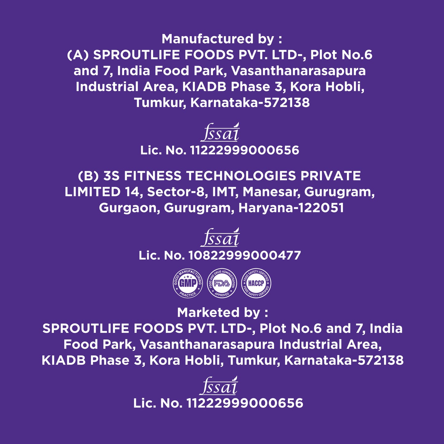 Manufacturing info for Yoga Bar Creatine showing 3S Fitness and Sproutlife Foods FSSAI license data on a purple background.