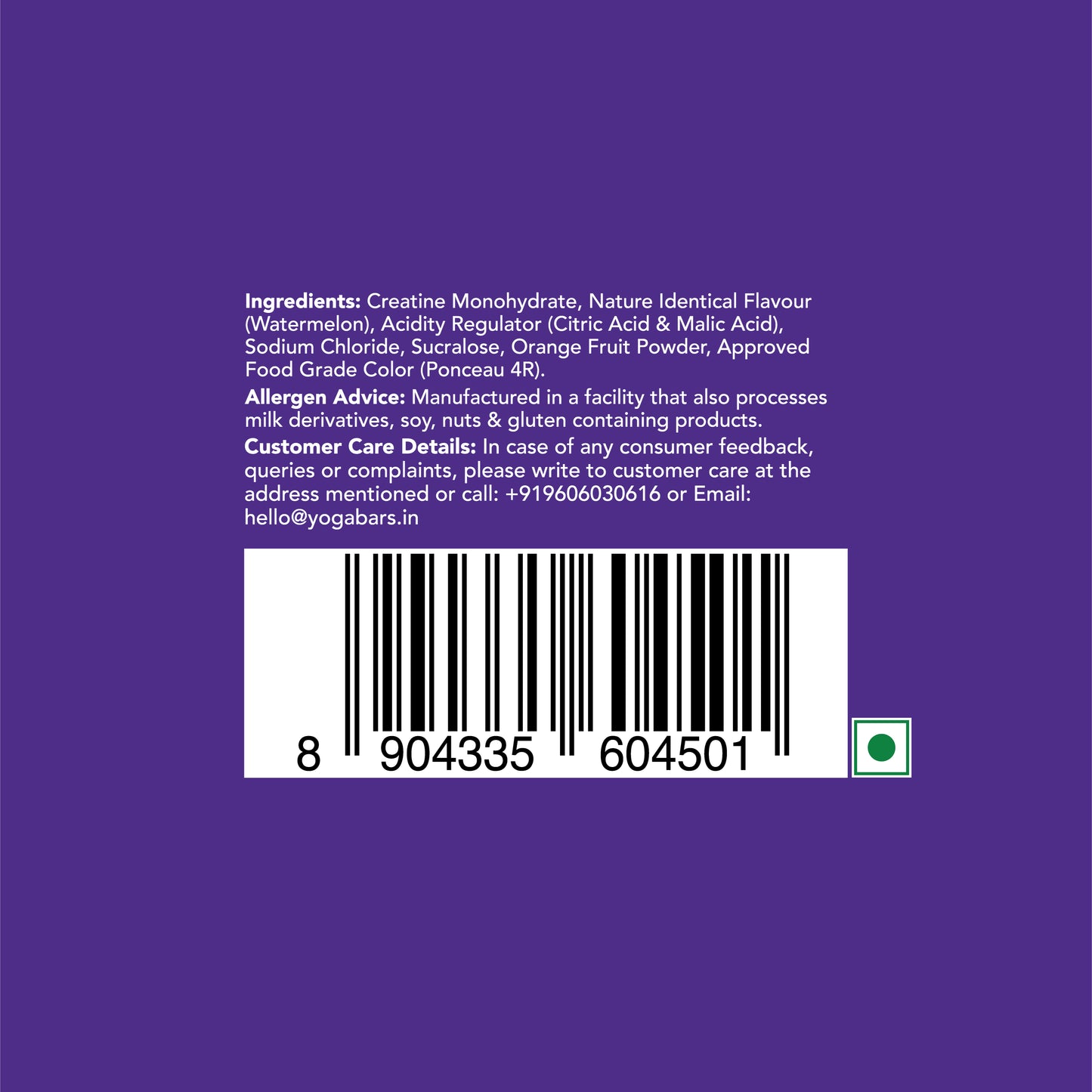Yoga Bar Watermelon Creatine ingredients list graphic showing sucralose sweetener details and facility allergen advice.