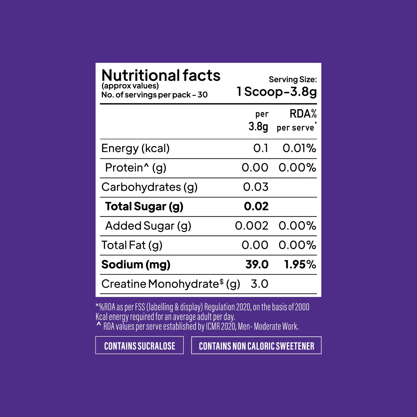 Nutritional values table for Yoga Bar Creatine showing 30 servings, 3g creatine monohydrate, and zero sugar per scoop.