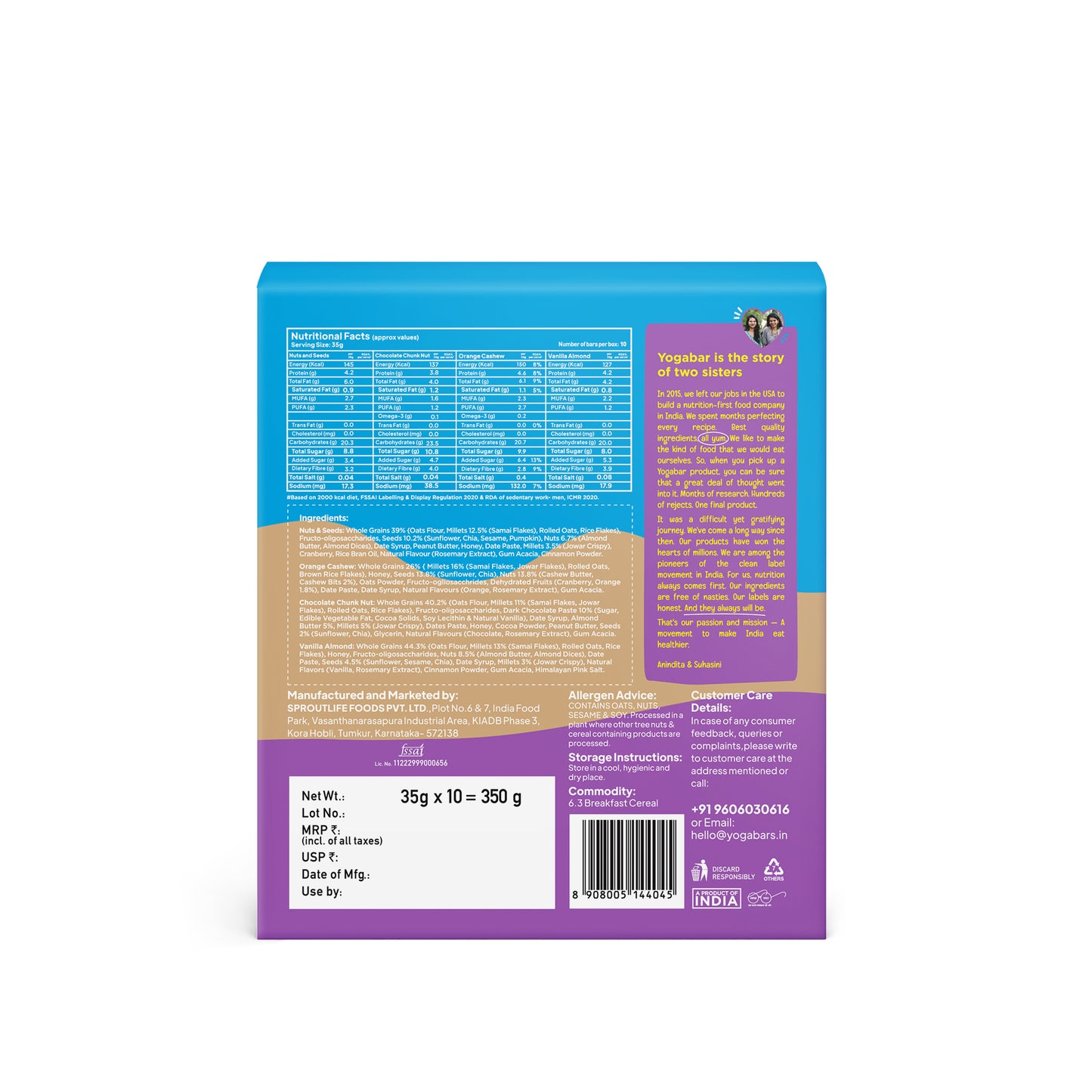 Yoga Bar Multigrain Energy Bar Variety Pack 350g back view showing nutrition facts, ingredients, and company story.