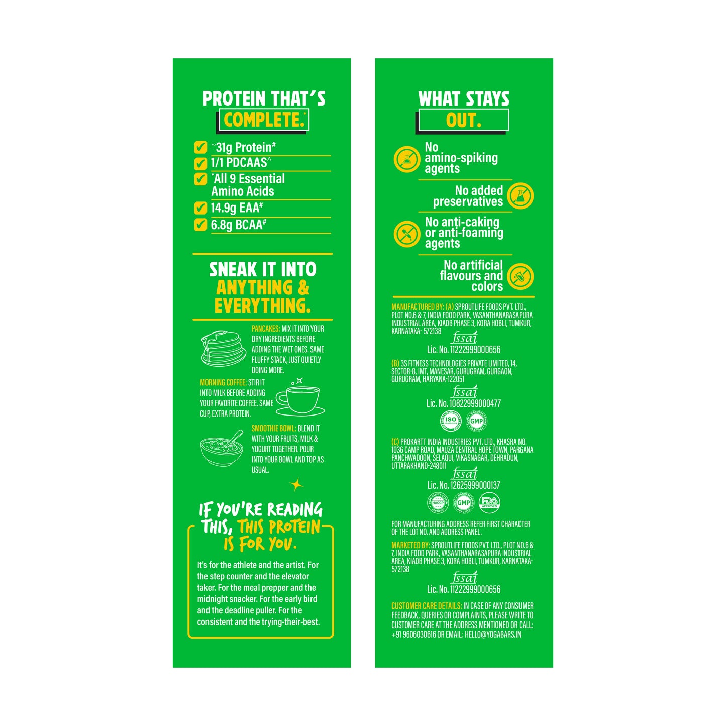 Yoga Bar Yeast Protein label showing 31g protein, complete amino acids, no preservatives or artificial flavours