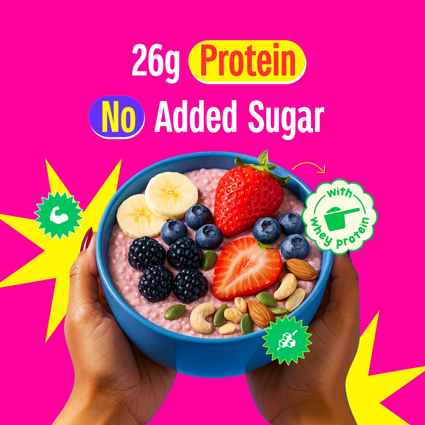 Yoga Bar marketing banner showing a bowl of fruit and nut protein oats, highlighting 26g whey protein.