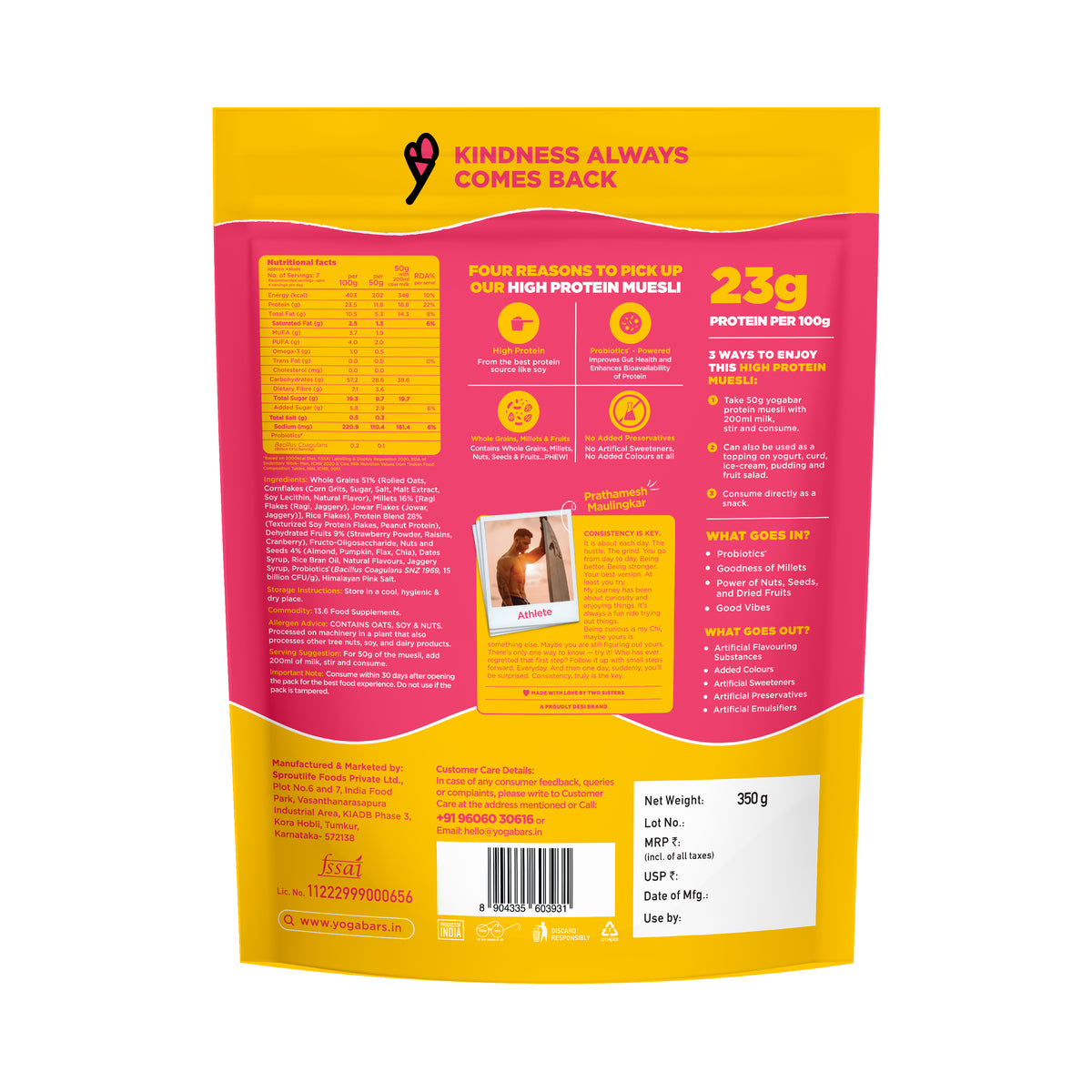 Yoga Bar High Protein Muesli 350g back label highlighting 23g protein per 100g, added millets, nuts, and seeds.
