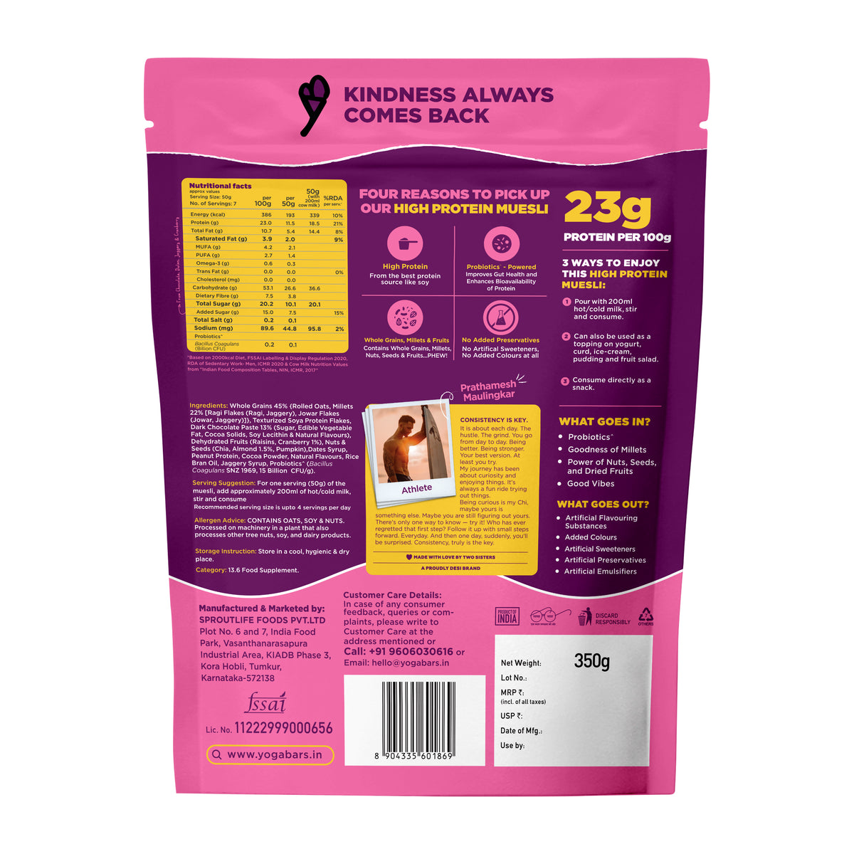 Yoga Bar High Protein Muesli 350g back label showing 23g protein per 100g and nutrition facts chart