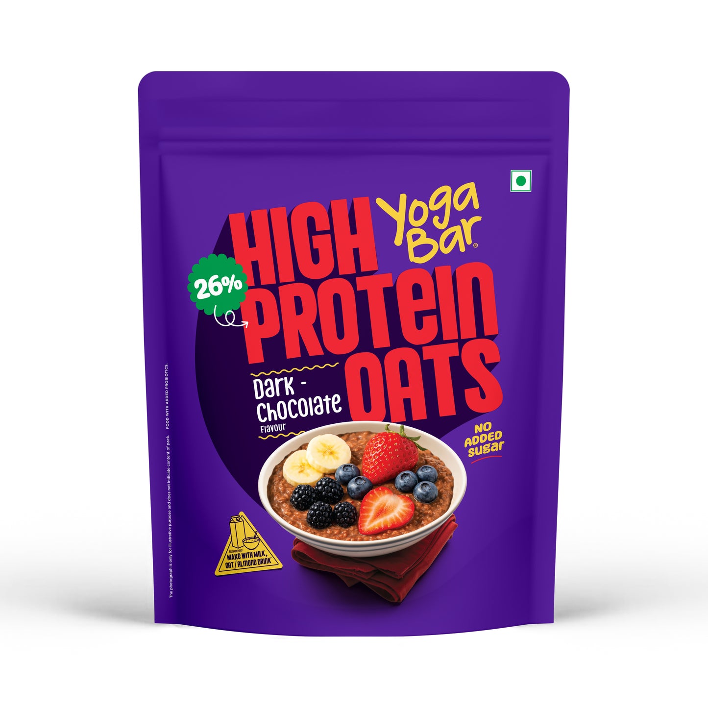 Yoga Bar High Protein Oats in Dark Chocolate flavor purple pouch showing 26% protein and no added sugar claims