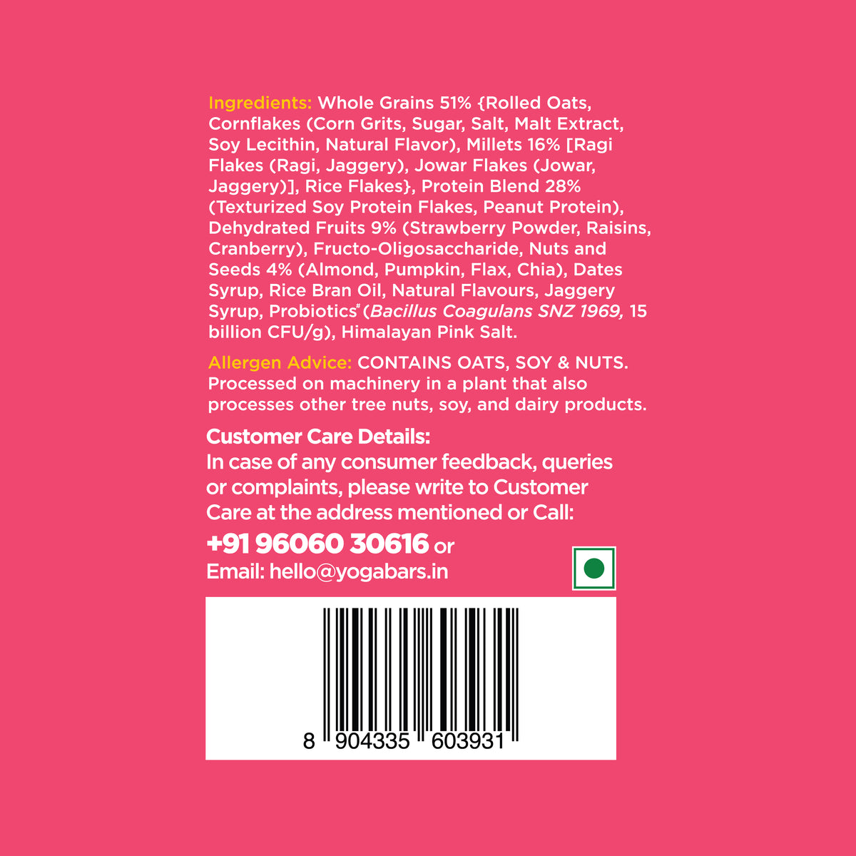 Yoga Bar muesli ingredient panel showing allergen advice for oats, soy, and nuts with customer care details