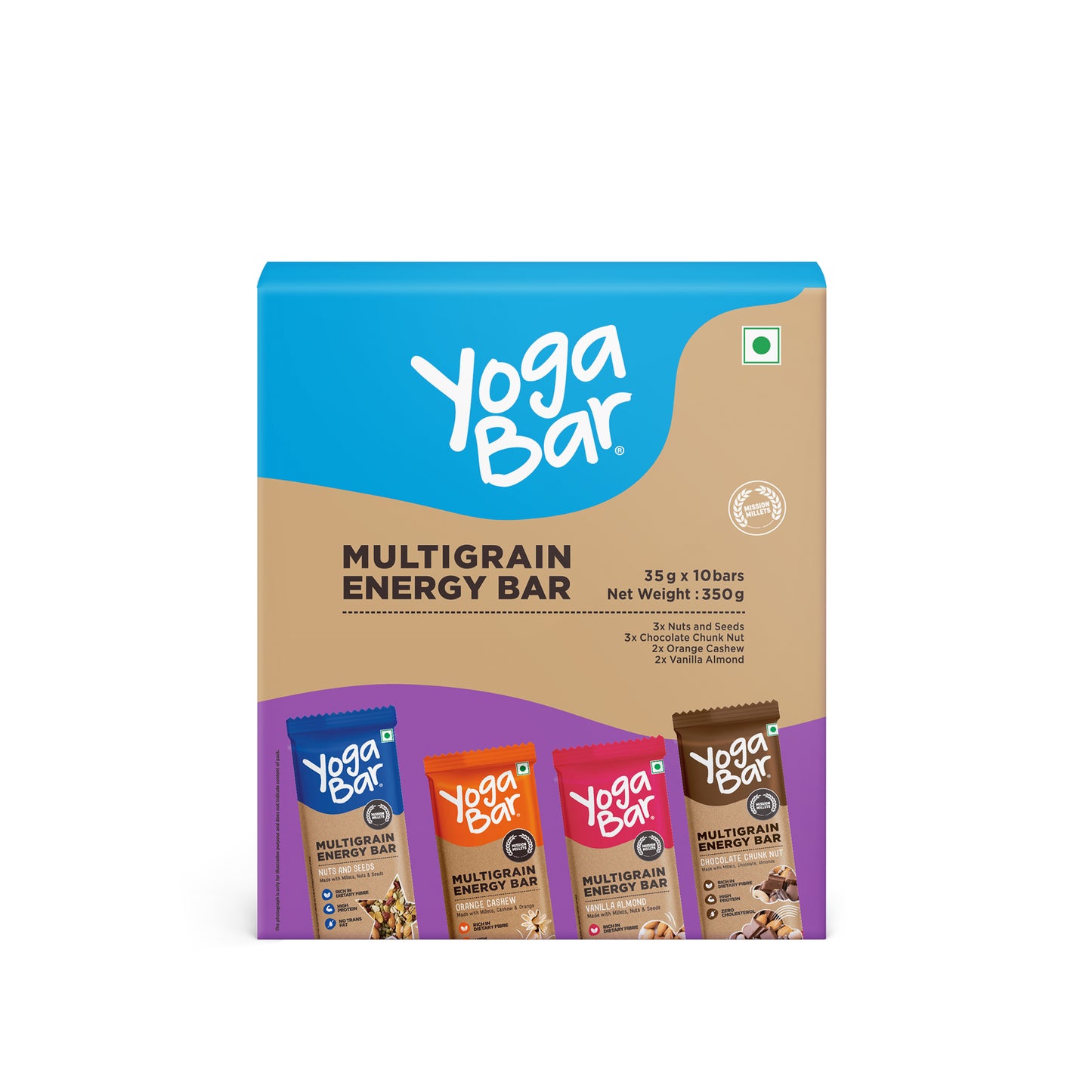 Yoga Bar Multigrain Energy Bar Variety Pack containing 10 bars with a net weight of 350g on white background