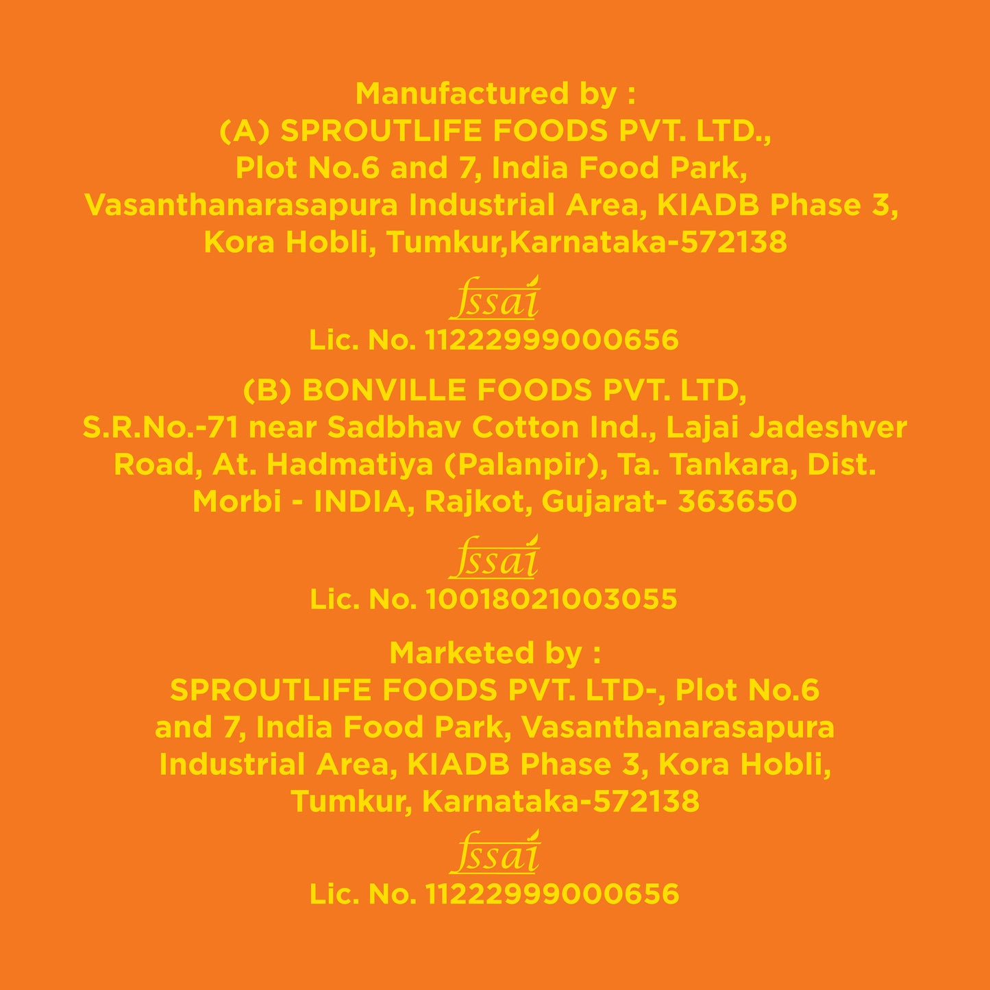 Official FSSAI license numbers for Sproutlife Foods and Bonville Foods Yoga Bar peanut butter production