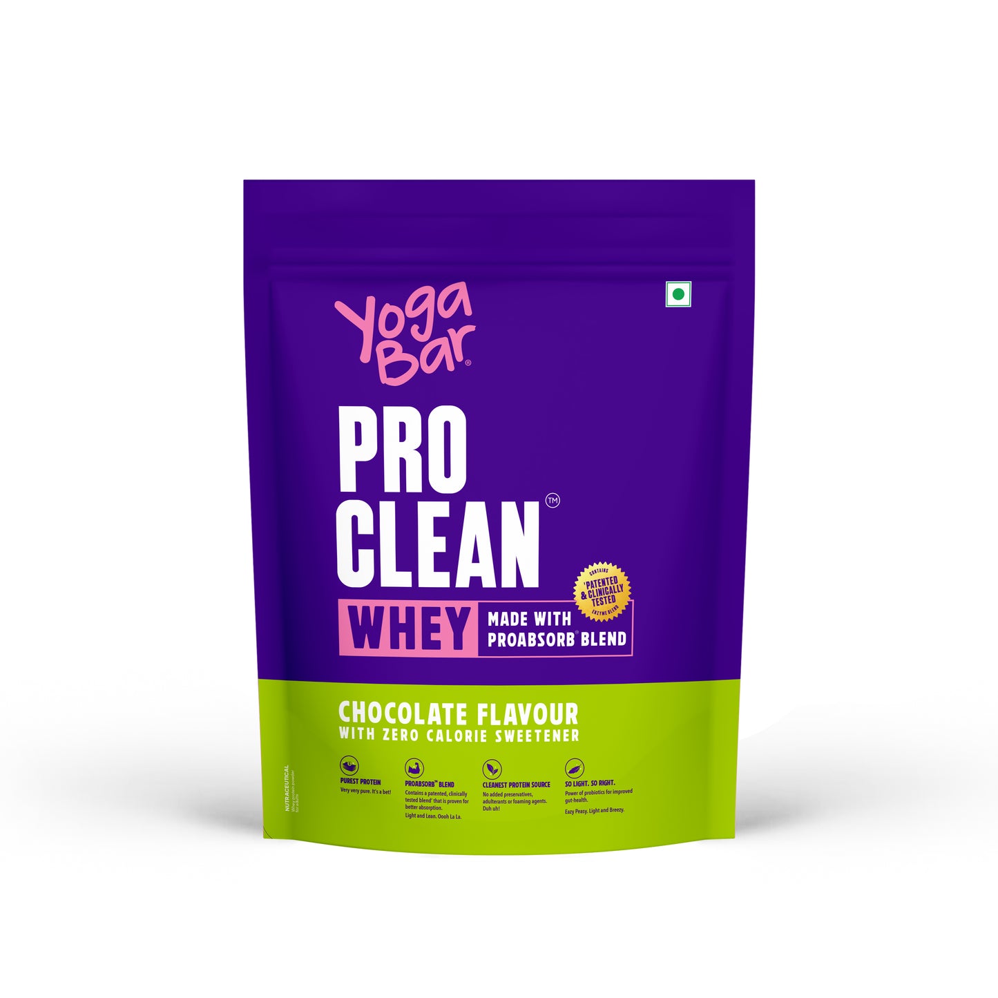 Yoga Bar Pro Clean Whey protein powder pouch in chocolate flavour with zero calorie sweetener.