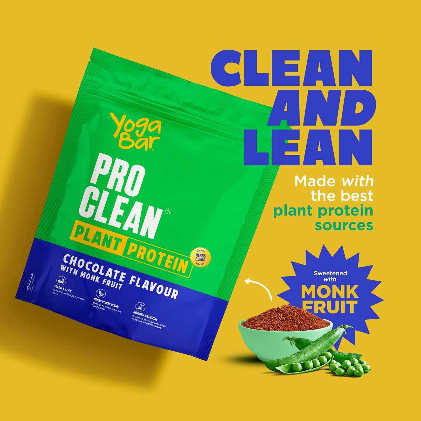 YogaBar ProClean Chocolate Plant Protein banner titled Clean and Lean, sweetened with monk fruit