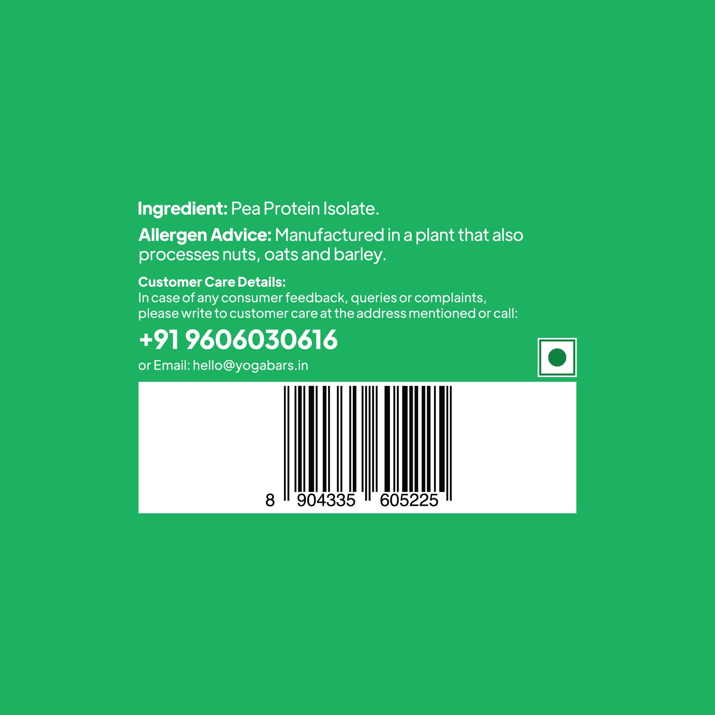 YogaBar ProClean Unflavoured Plant Protein ingredients panel listing pure pea protein isolate, allergen advice, and barcode