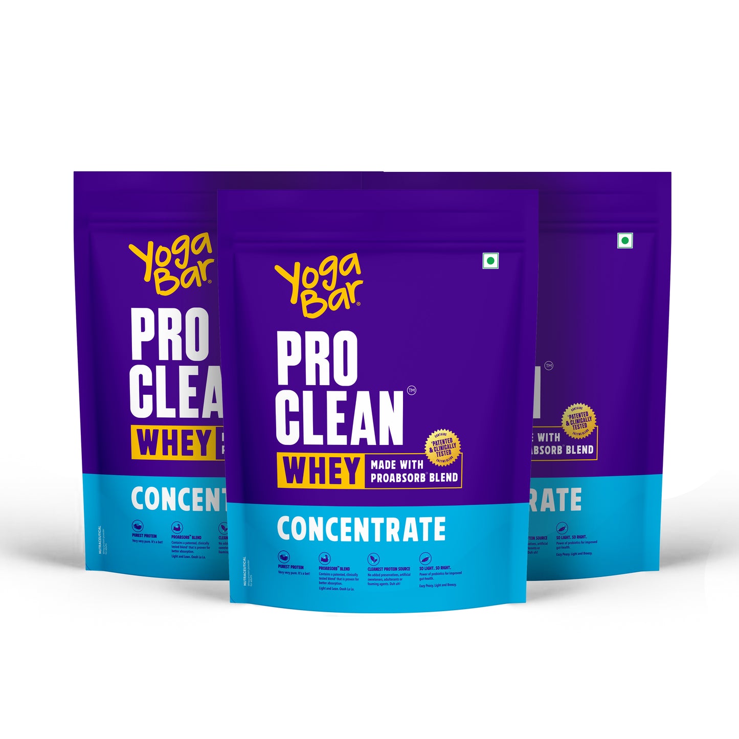 Three pouches of Yoga Bar ProClean Whey Protein Concentrate with ProAbsorb blend.