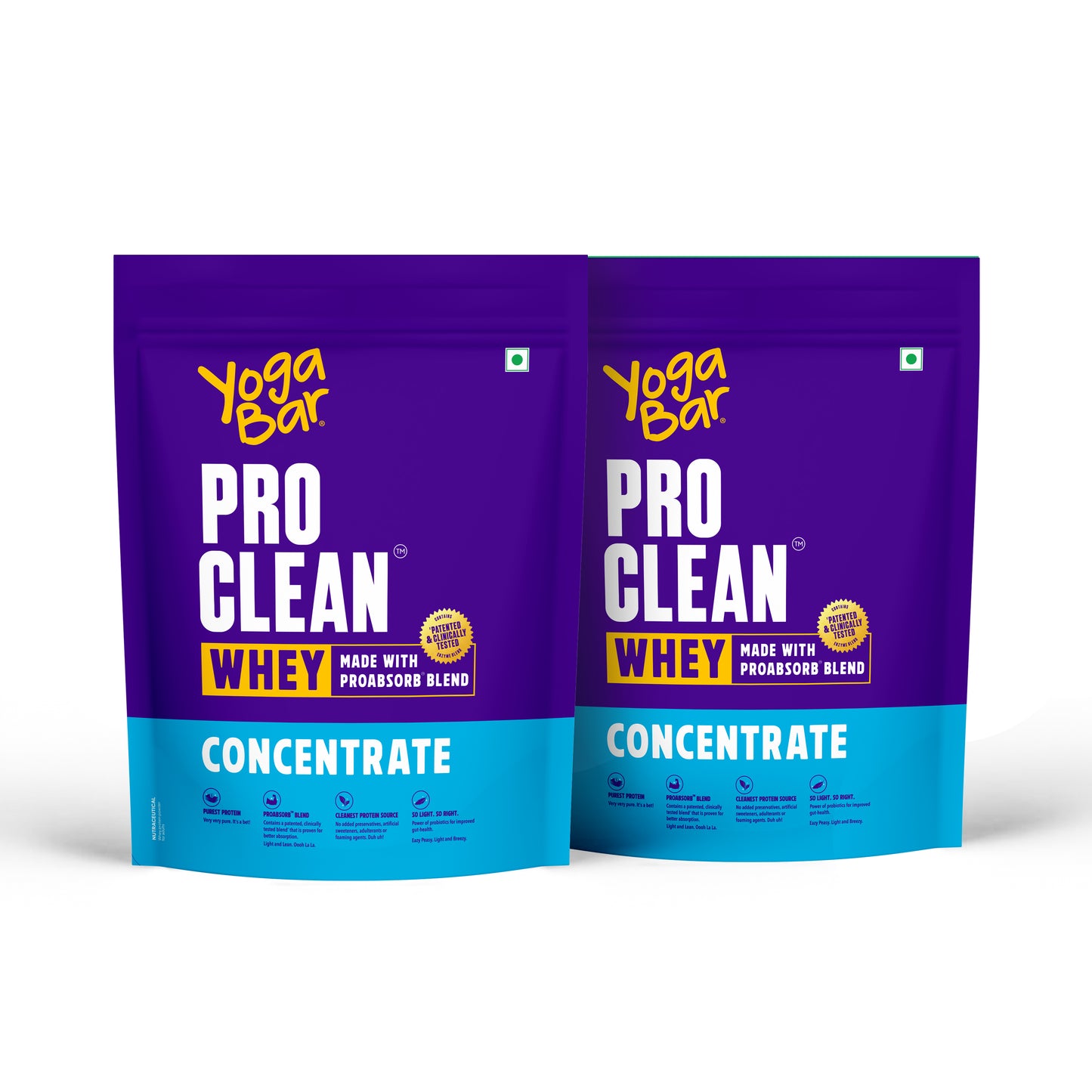 Two pouches of Yoga Bar ProClean Whey Protein Concentrate with ProAbsorb blend