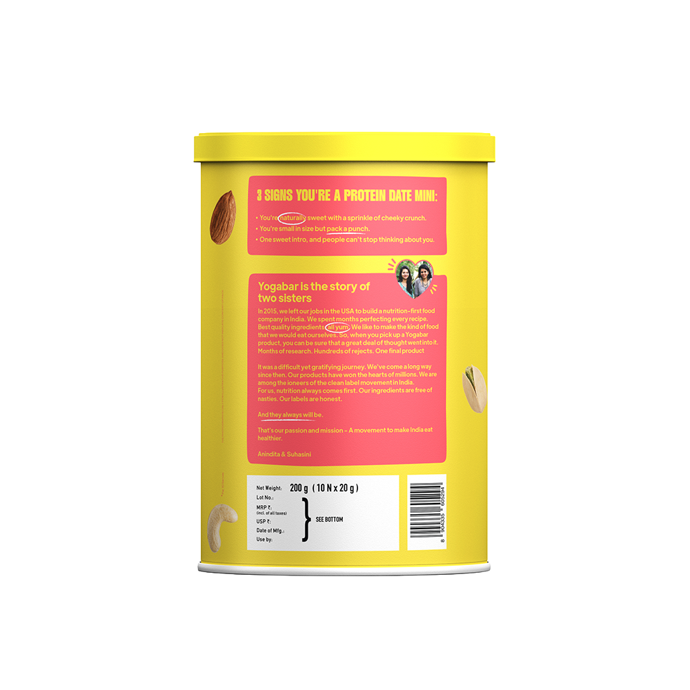 Back label of Yoga Bar Protein Date Minis tin container showcasing the brand story of the two sisters and product net weight of 200g