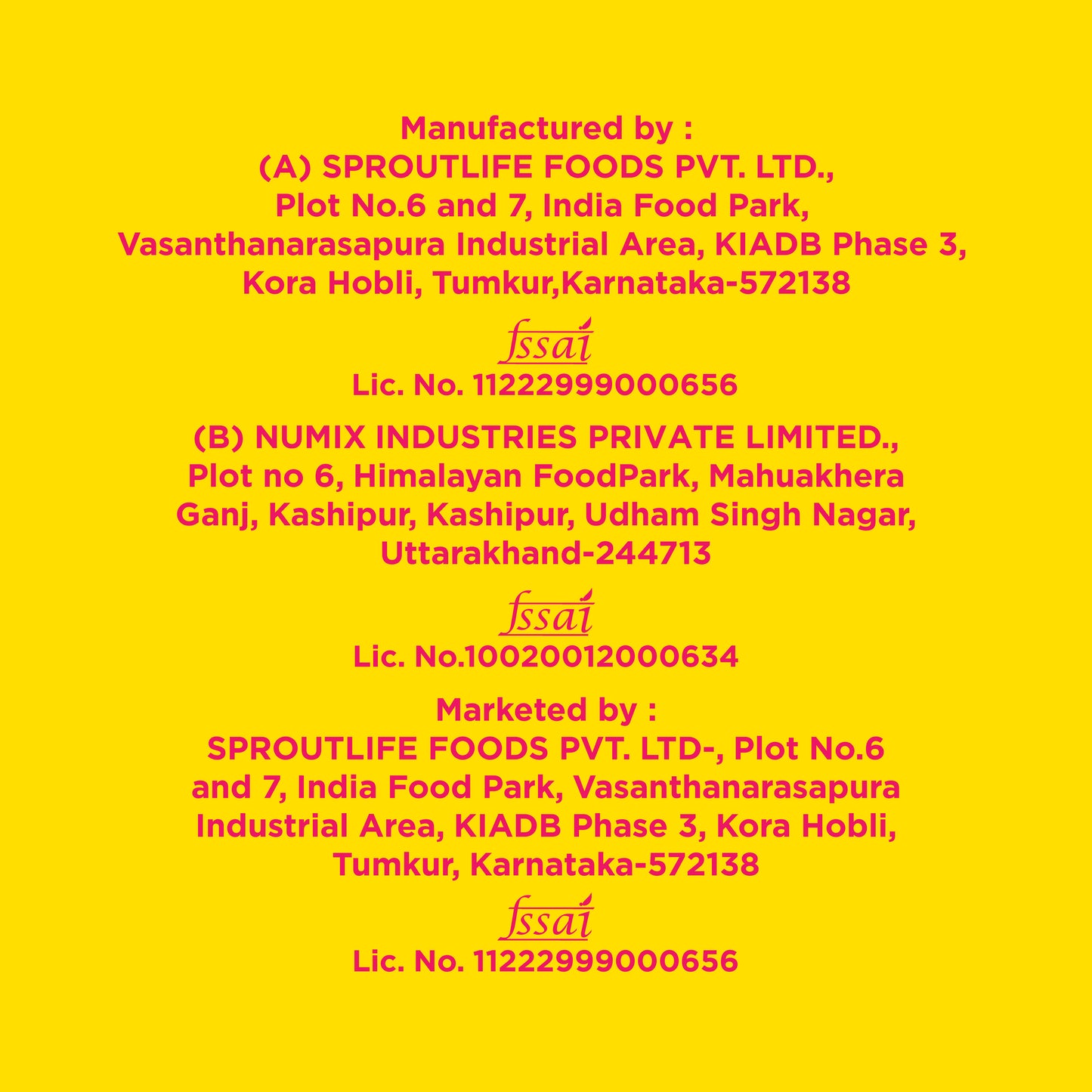Yoga Bar Protein Date Minis product label displaying FSSAI license numbers, manufacturer locations, and marketer information