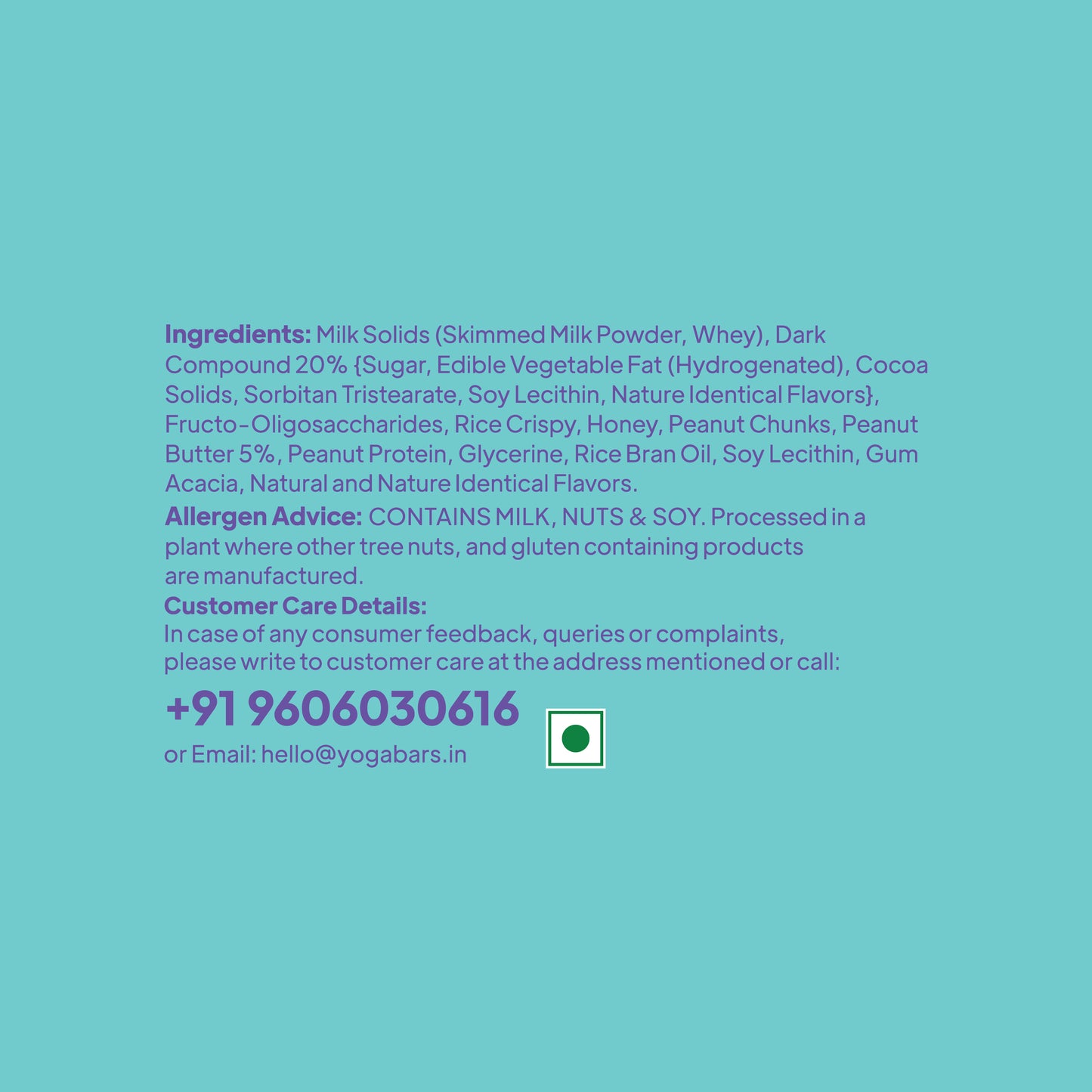 Yoga Bar Protein Minis ingredient list graphic displaying allergen advice for milk, nuts, and soy on a teal background.
