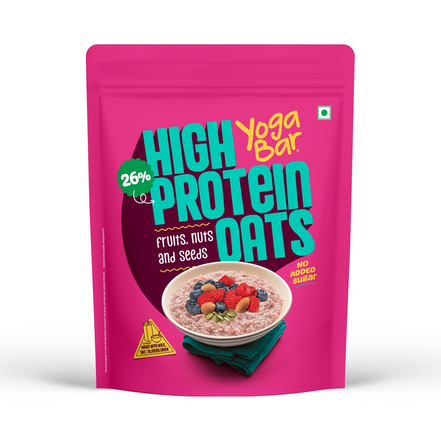 Yoga Bar High Protein Oats in Fruits Nuts and Seeds flavor pink pouch showing 26% protein and no added sugar claims