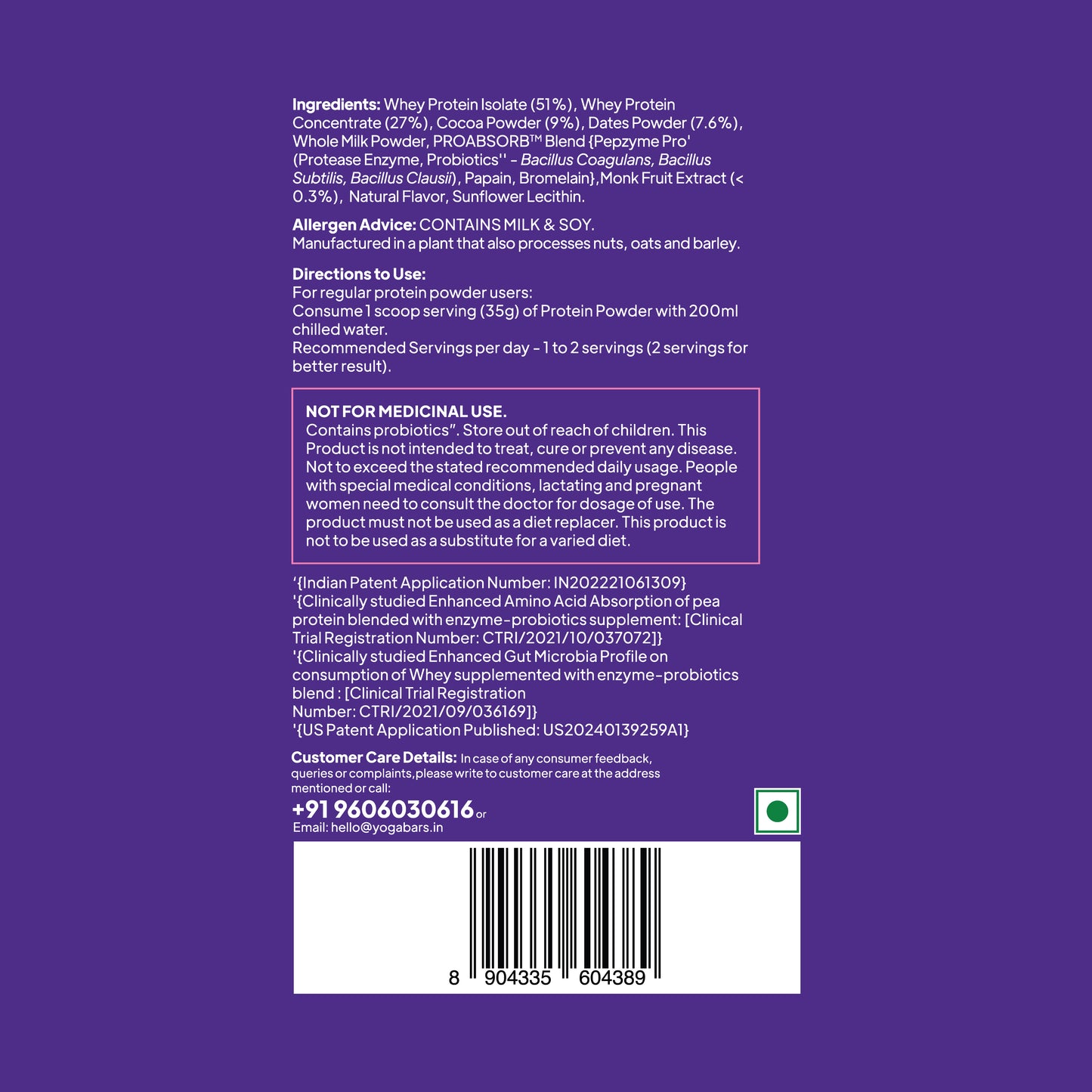 Yoga Bar whey protein packaging back label detailing 51% isolate, directions for a 35g scoop, and allergen warnings.
