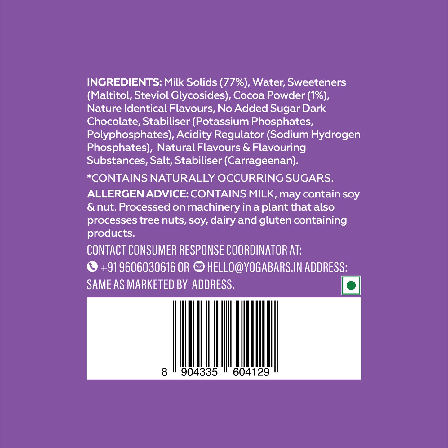 Yoga Bar protein shake ingredient list on purple label showing 77% milk solids, 1% cocoa powder, and dark chocolate.