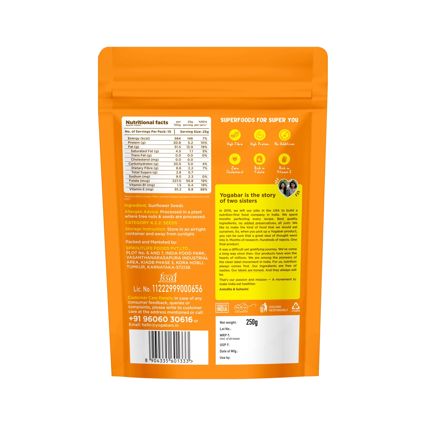 Yoga Bar sunflower seeds nutrition facts and ingredients label. High protein magnesium rich snack