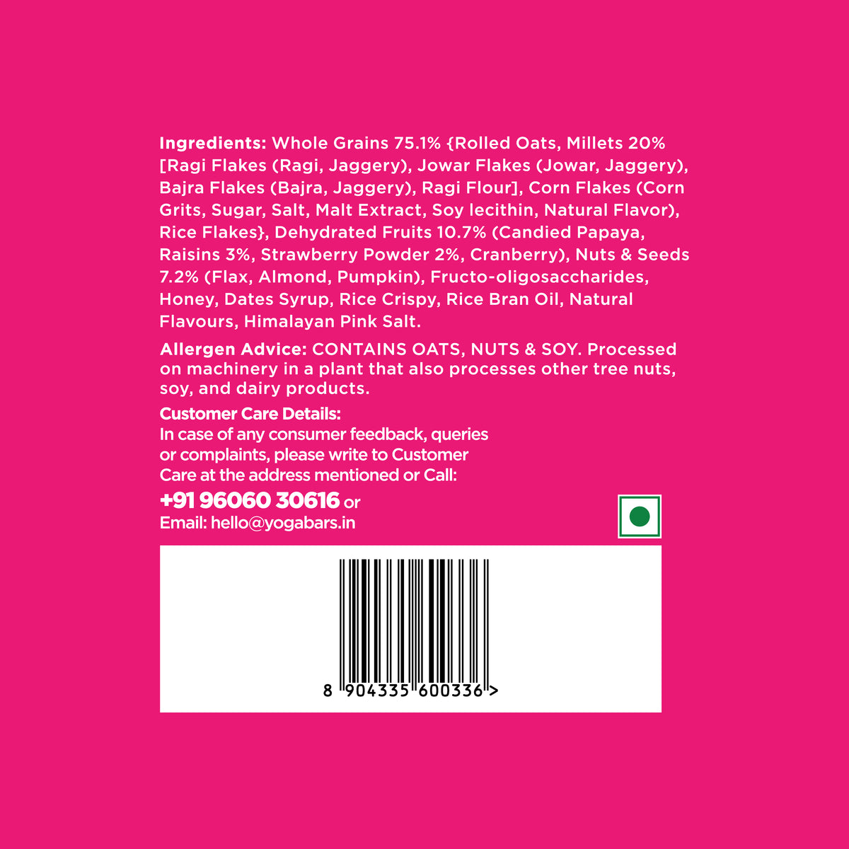 Yoga Bar Super Muesli ingredients and allergen warning list with customer care contact details on pink background.