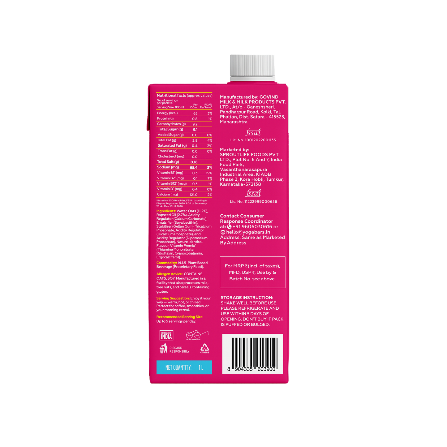 Back view of Yoga Bar Unsweetened Oat Milk carton displaying nutrition facts, clean ingredients, and storage details.