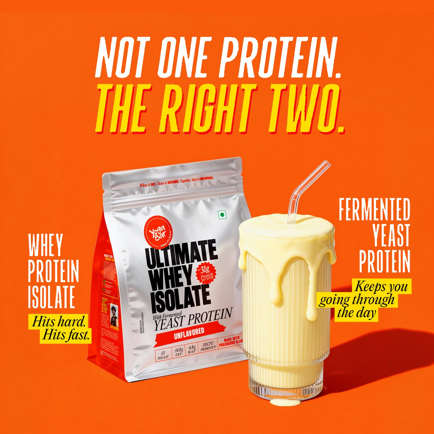 Yogabar Ultimate Whey Isolate blend with Fermented Yeast Protein and shake, explaining fast and sustained energy.