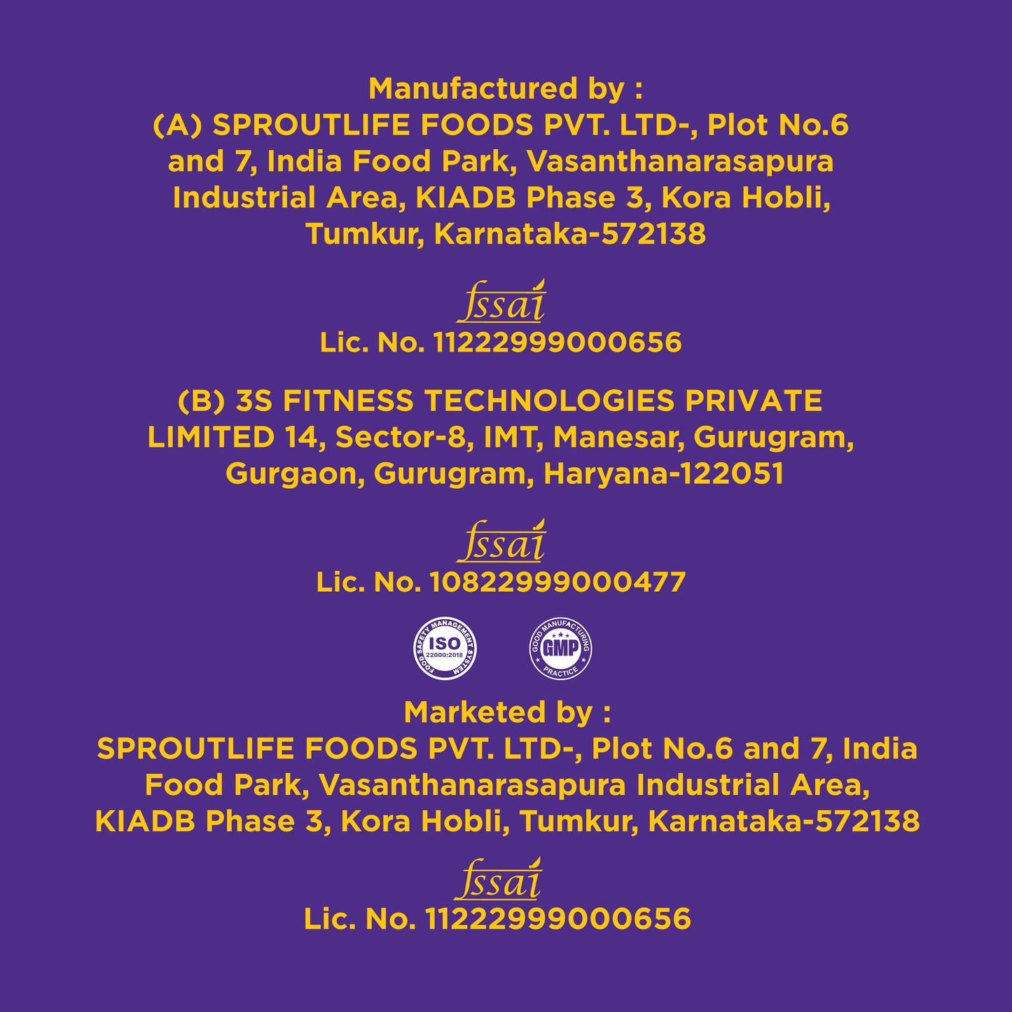Yoga Bar Whey Protein manufacturer details β Sproutlife Foods, FSSAI license, ISO & GMP certified