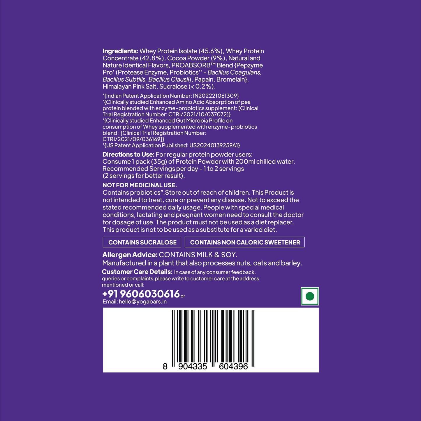 Yoga Bar Whey Protein ingredients label β whey isolate, probiotics, PROABSORB blend, allergen info, barcode