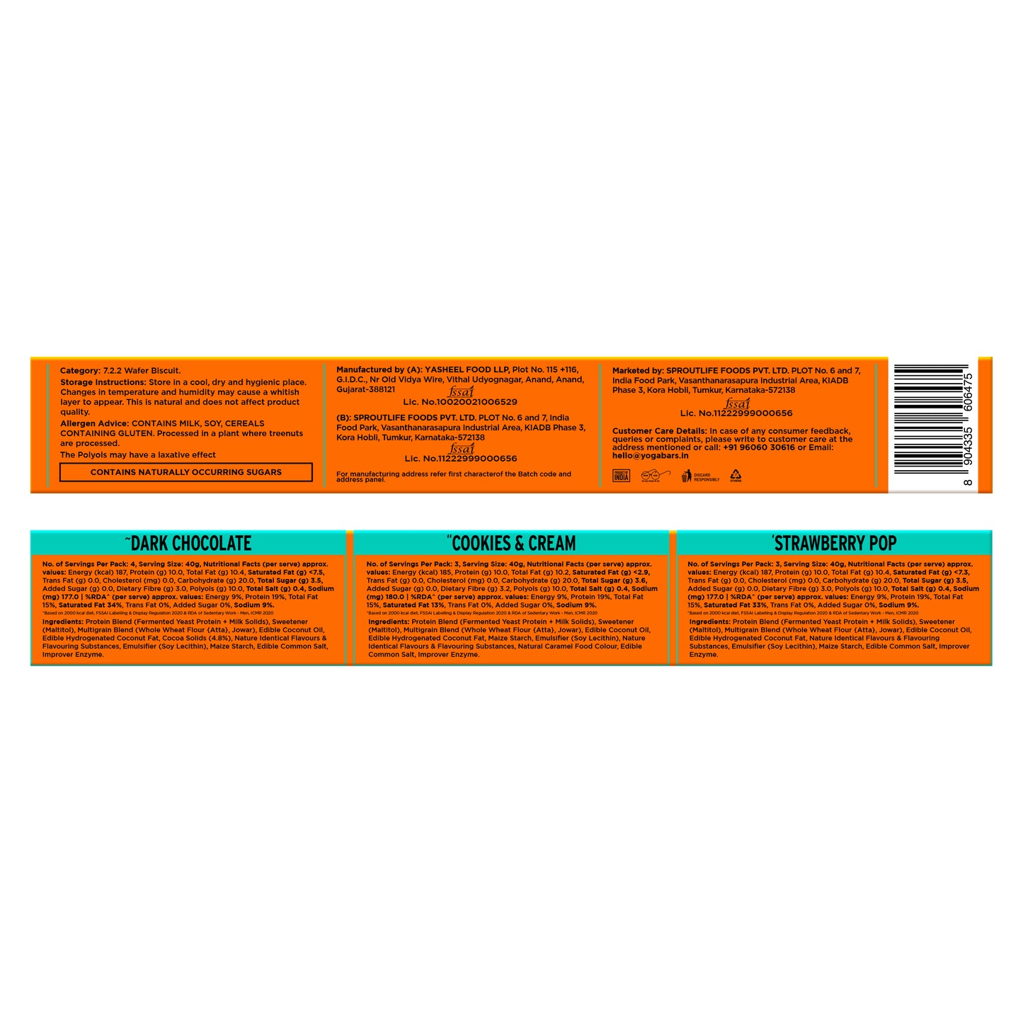 Yoga Bar 10g Protein Wafer Bars Variety Pack back of pack with nutrition facts and ingredients for Dark Chocolate Cookies and Cream and Strawberry Pop