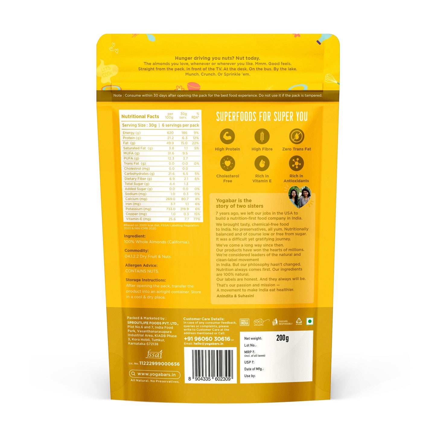 Yoga Bar California Almonds 200g back of pack with nutrition facts high protein high fibre cholesterol free rich in vitamin E and antioxidants