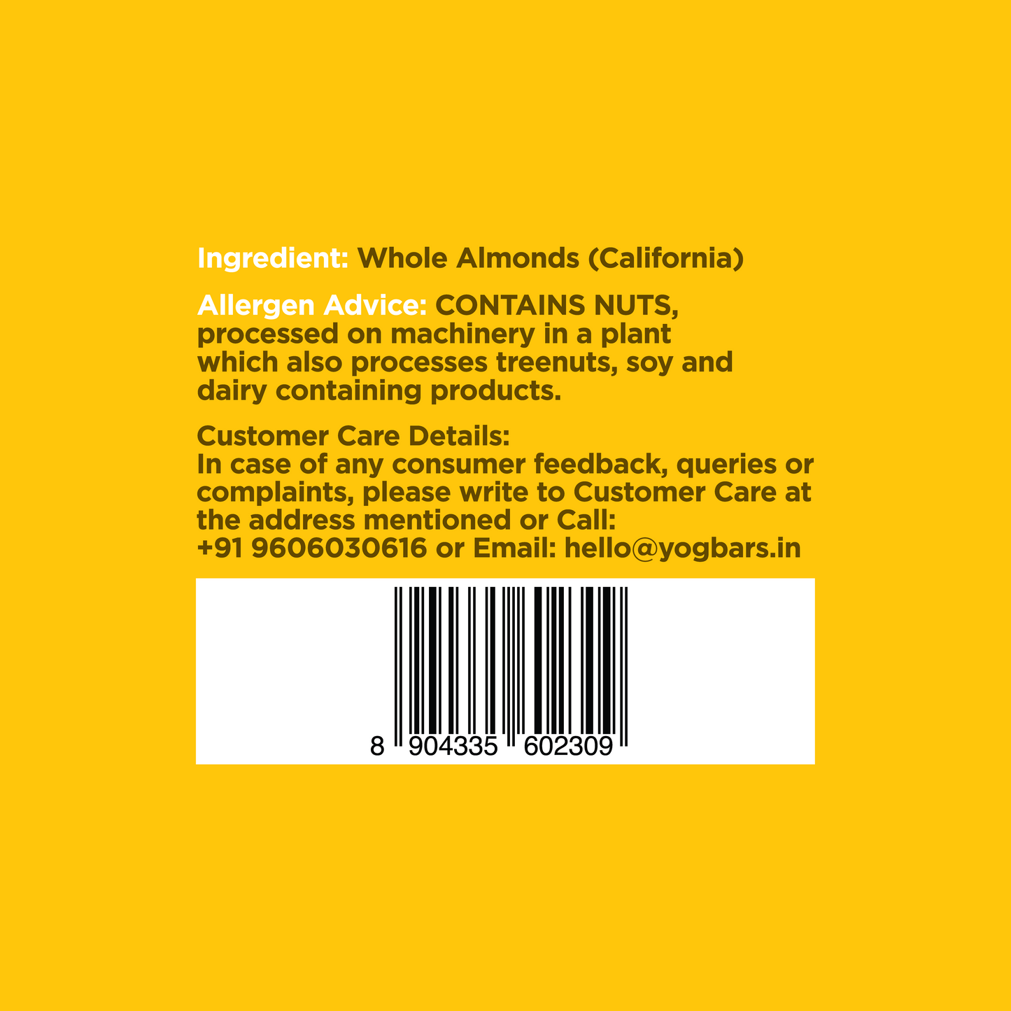 Yoga Bar California Almonds 200g ingredients whole almonds California allergen advice contains nuts and customer care details