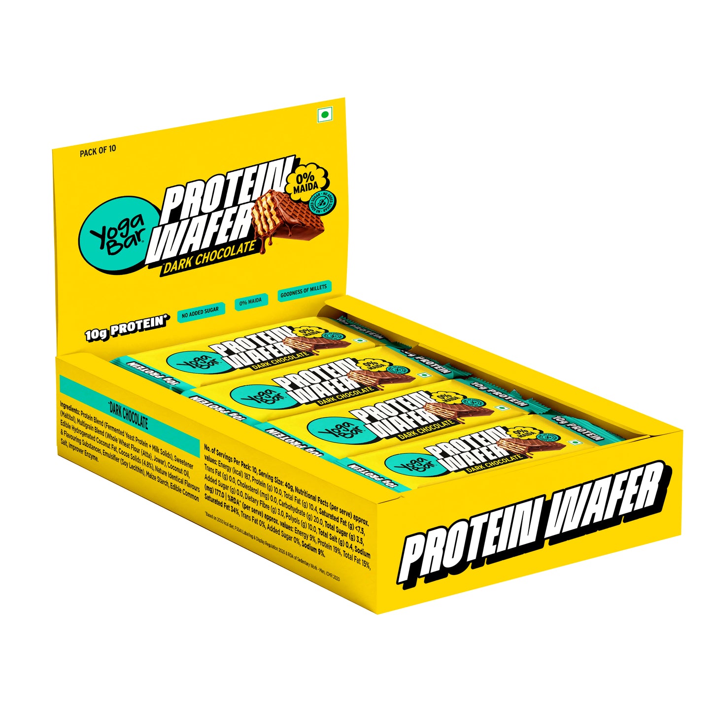 Yoga Bar Protein Wafer Bar Dark Chocolate Pack of 10 display box with 10g protein no added sugar and 0% maida