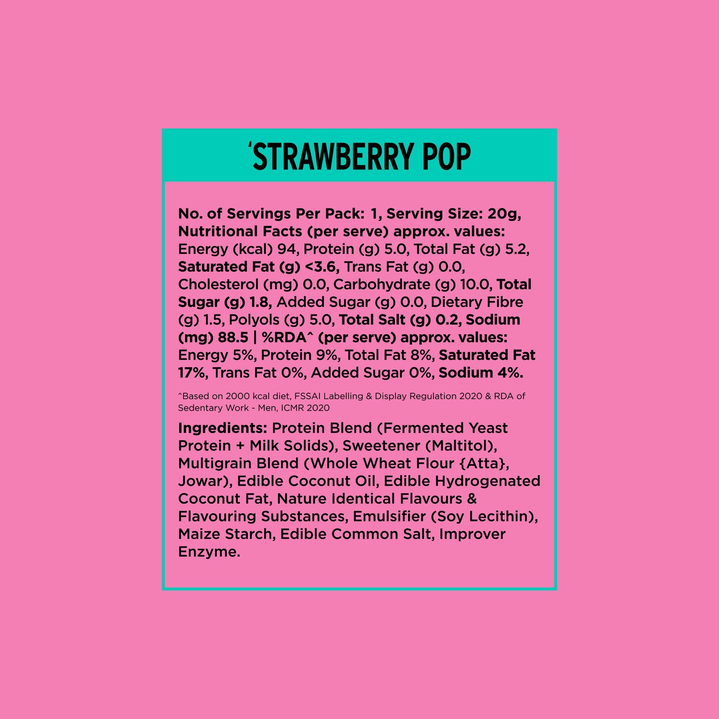 Yoga Bar Protein Wafer Bar Strawberry Pop detailed nutrition facts and ingredients list with 5g protein and 0g added sugar