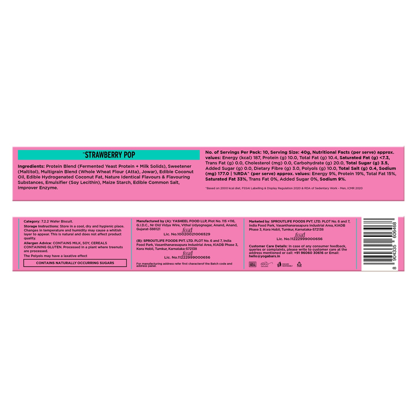 Yoga Bar Protein Wafer Bar Strawberry Pop Pack of 10 back of pack with nutrition facts ingredients and FSSAI license
