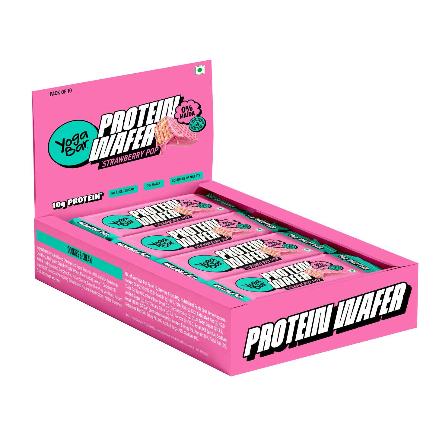 Yoga Bar Protein Wafer Bar Strawberry Pop Pack of 10 display box with 10g protein no added sugar and 0% maida
