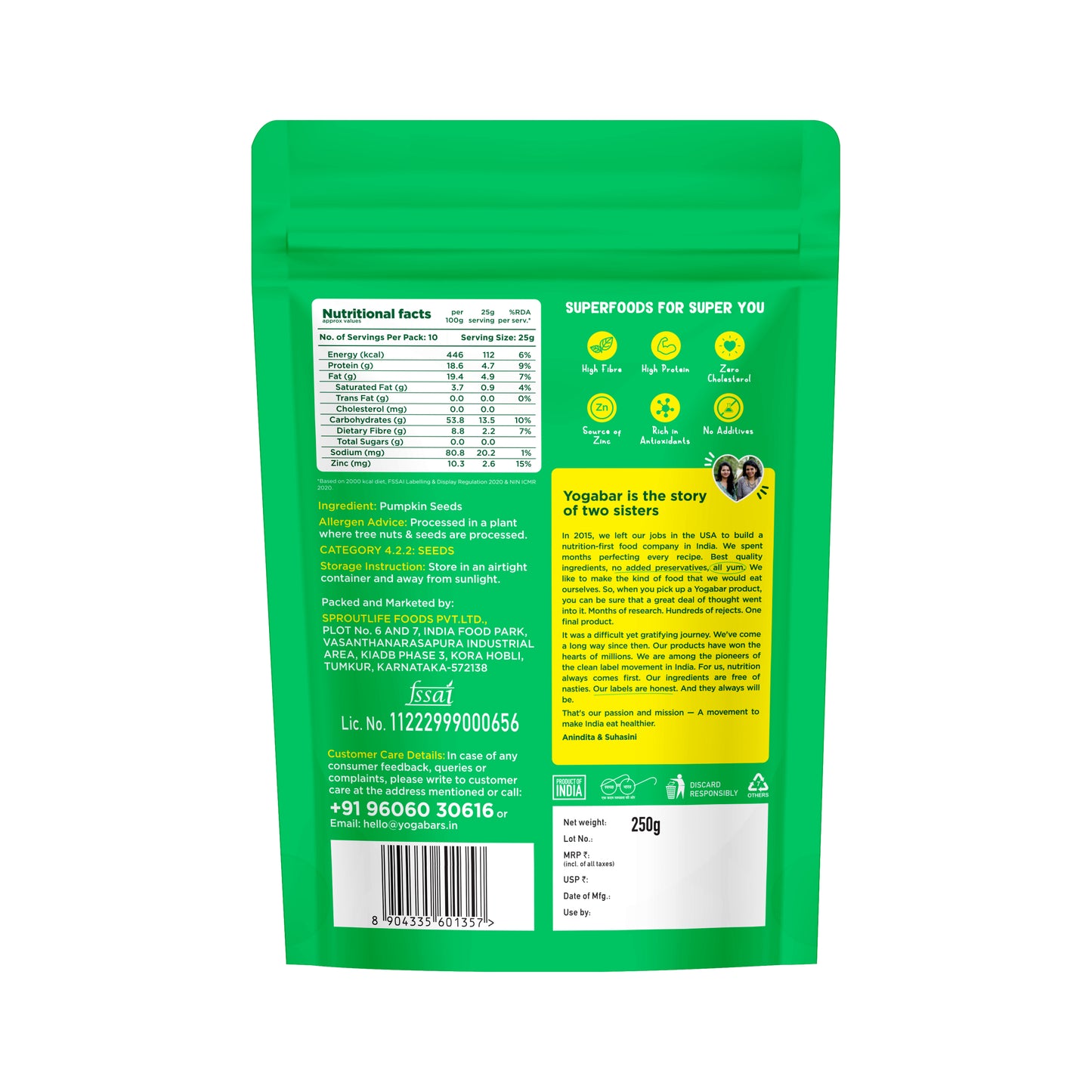 Yoga Bar Pumpkin Seeds 250g back of pack with nutrition facts high fibre high protein zero cholesterol source of zinc and no additives