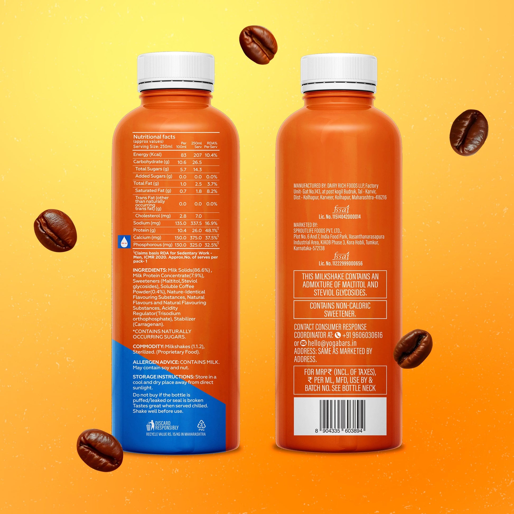 Yoga Bar Cold Coffee Protein Shake back labels showing nutritional facts and ingredients with coffee beans 