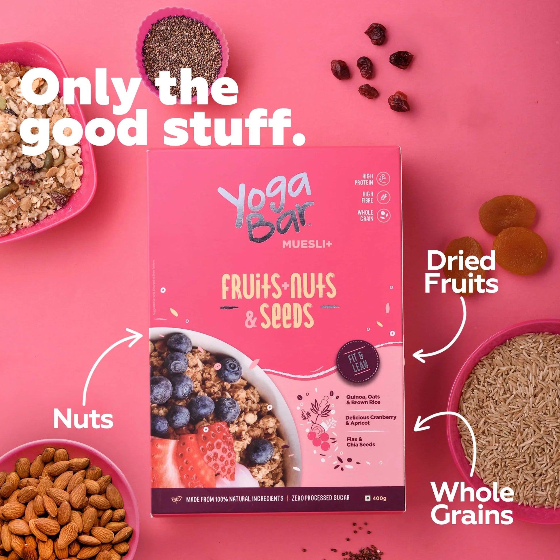 Yogabar Super Muesli, No Added Or Hidden Sugar, Breakfast Muesli With  Probiotics & Prebiotics, 82% Almonds + Whole Grains + Chia Seeds + Flax  Seeds