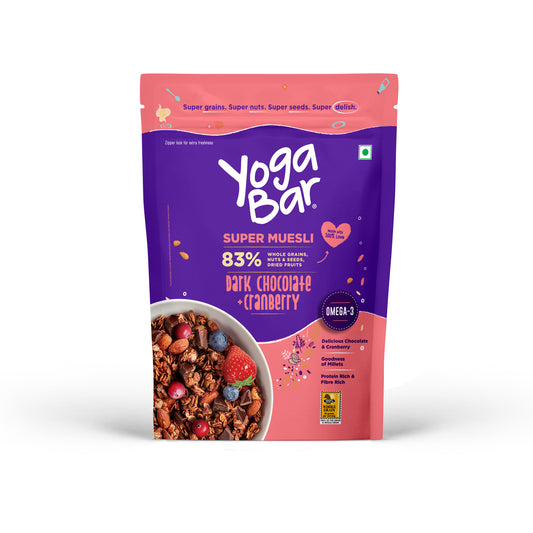 Yoga Bar Super Muesli Dark Chocolate and Cranberry 700g pack showing 83 percent whole grains, nuts, and seeds