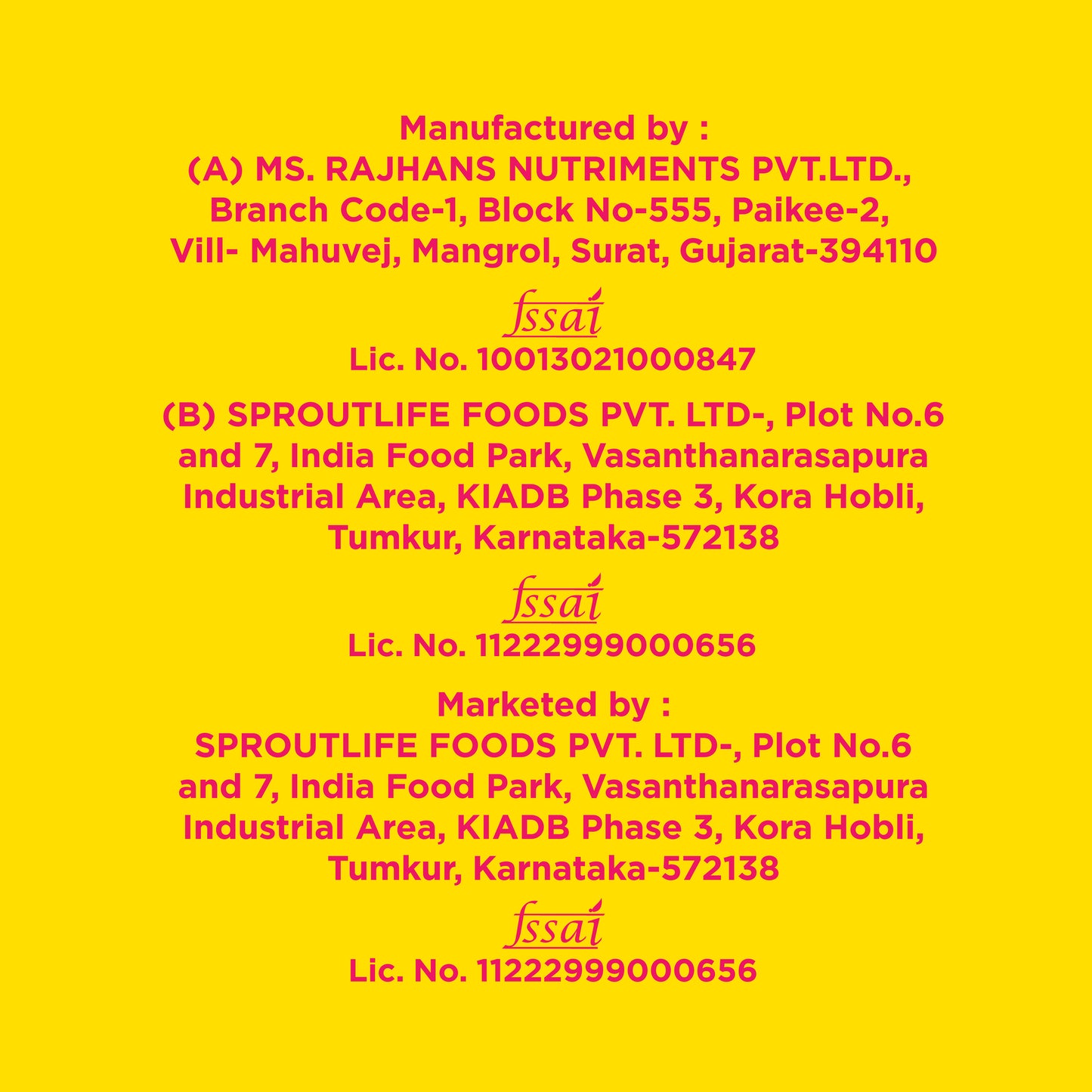 Official manufacturing details and FSSAI license numbers for Yoga Bar 20g Choco Peanut Butter bars on yellow background.