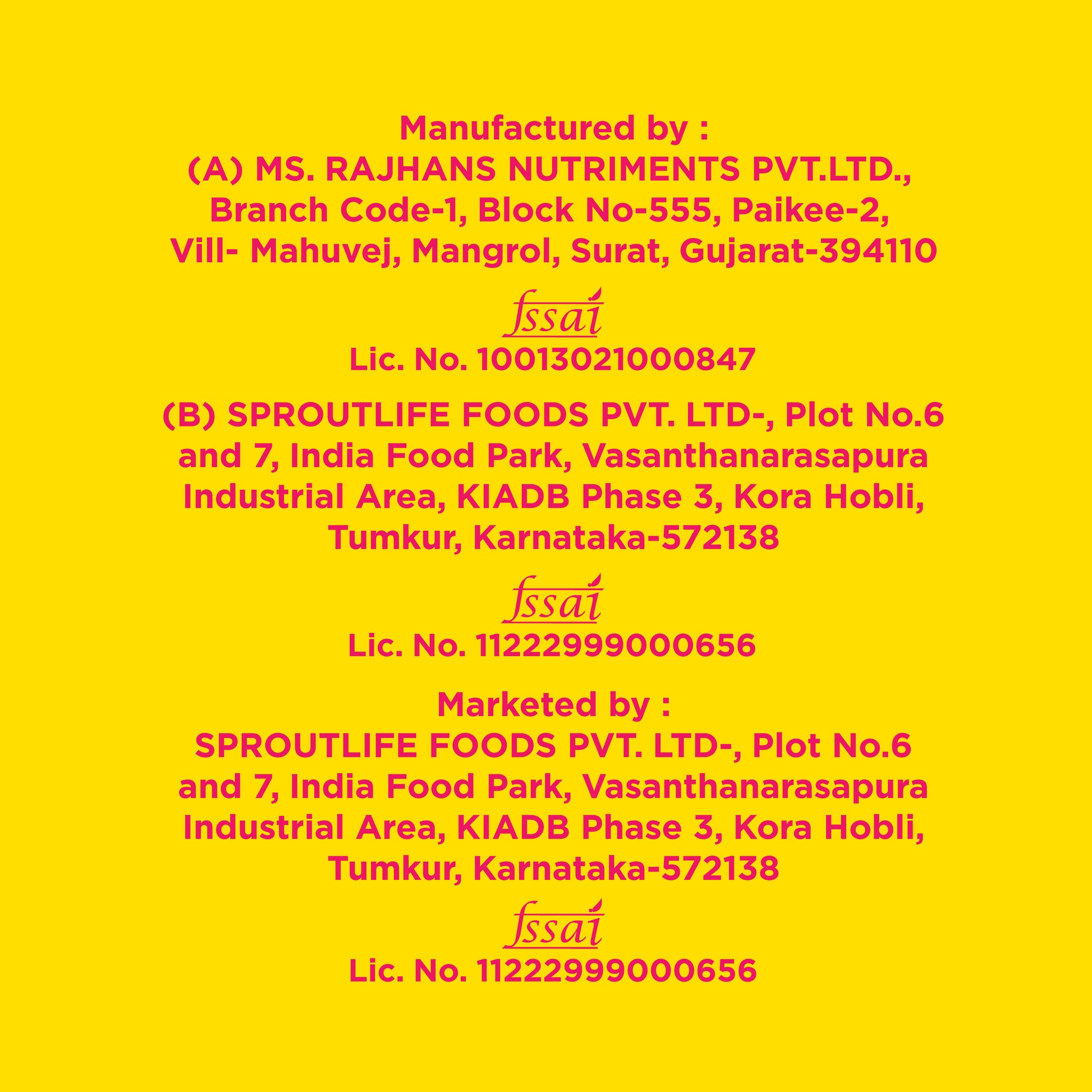 Official manufacturing details and FSSAI license numbers for Yoga Bar 20g Choco Peanut Butter bars on yellow background.