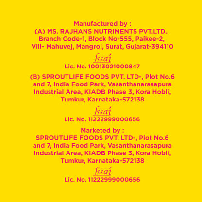 Official manufacturing details and FSSAI license numbers for Yoga Bar 20g Choco Peanut Butter bars on yellow background.