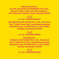 Yoga Bar manufacturing details for Sproutlife Foods and Rajhans Nutriments with FSSAI license numbers on yellow backdrop.