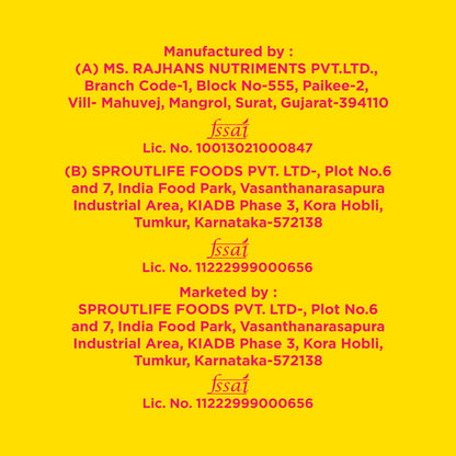 Yoga Bar manufacturing details for Sproutlife Foods and Rajhans Nutriments with FSSAI license numbers on yellow backdrop.